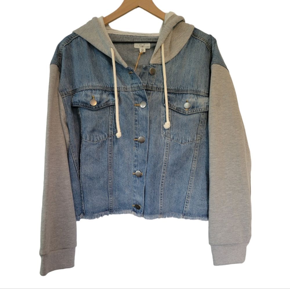 Easel Denim Knit Hooded Jacket Contrast Long Sleeves Size Large NWT